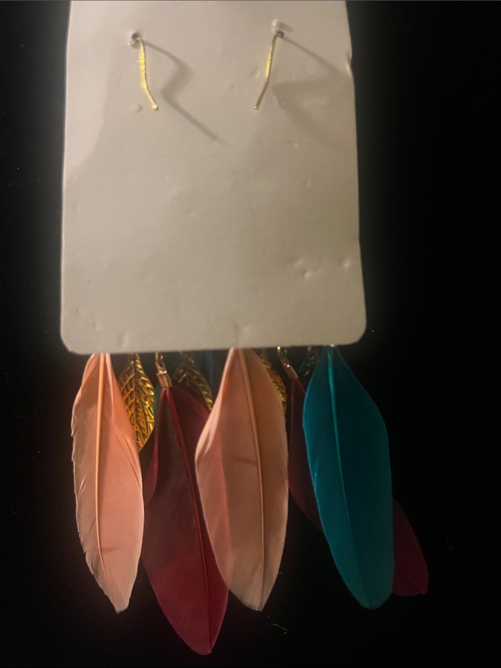 Gold-Tone Boho Feather Drop Earrings with Teal, Pink and Burgundy Feathers - Picture 3 of 3